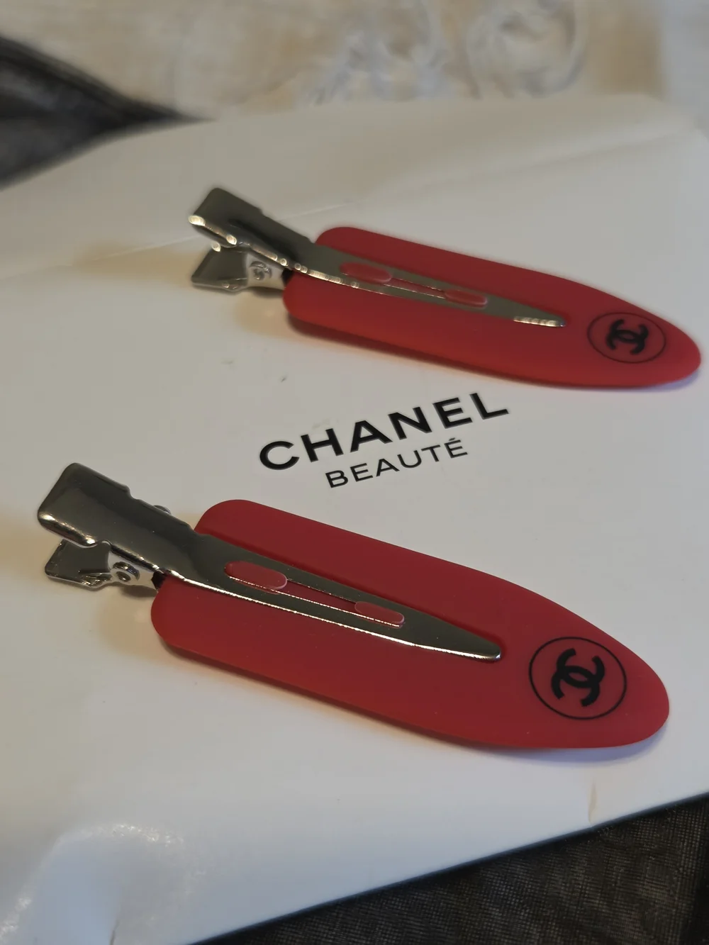 CHANEL Red Logo Hair Clips Set